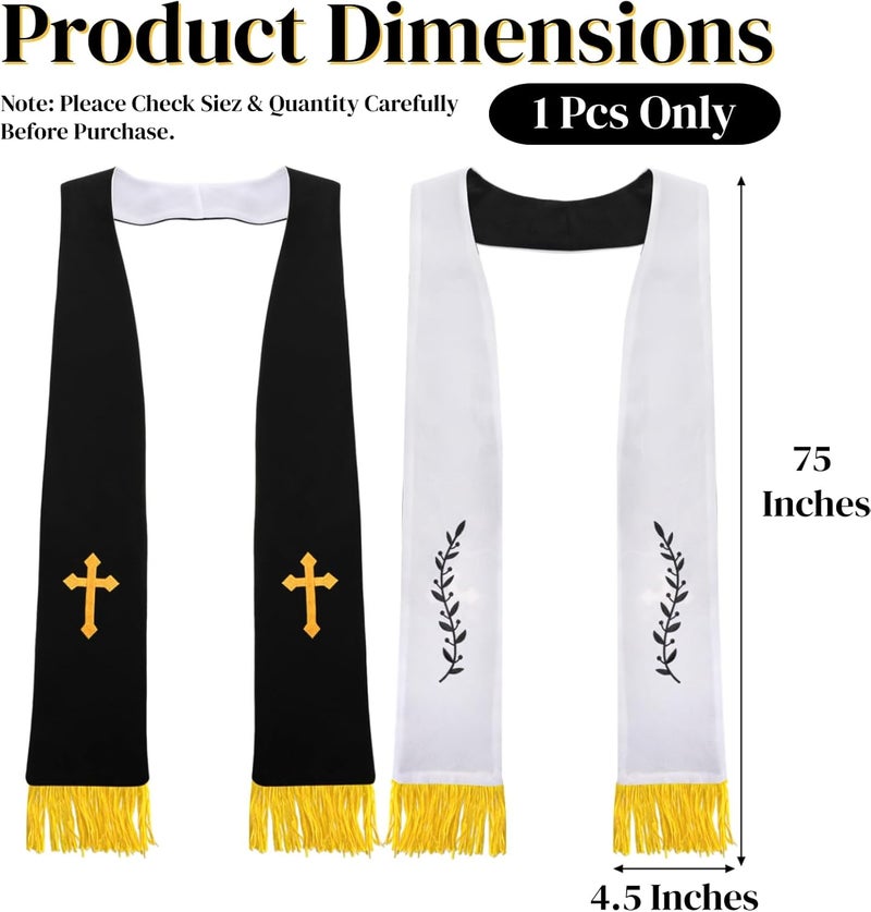 Eorbow 1 Pack Wedding Reversible Stole with Tassels, 75 Inch Clergy Mass Stoles with Cross, White Embroidered Priest Sash Stole, Pastor Shawl for Wedding Officiant Clergy Robe Cassock - Image 2